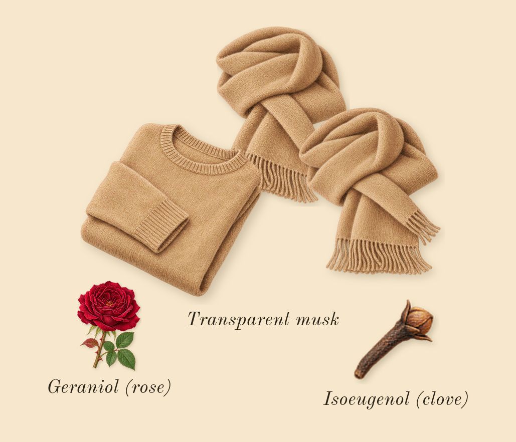 Chrome, heart: Transparent musk, Geraniol (rose), Isoeugenol (clove)