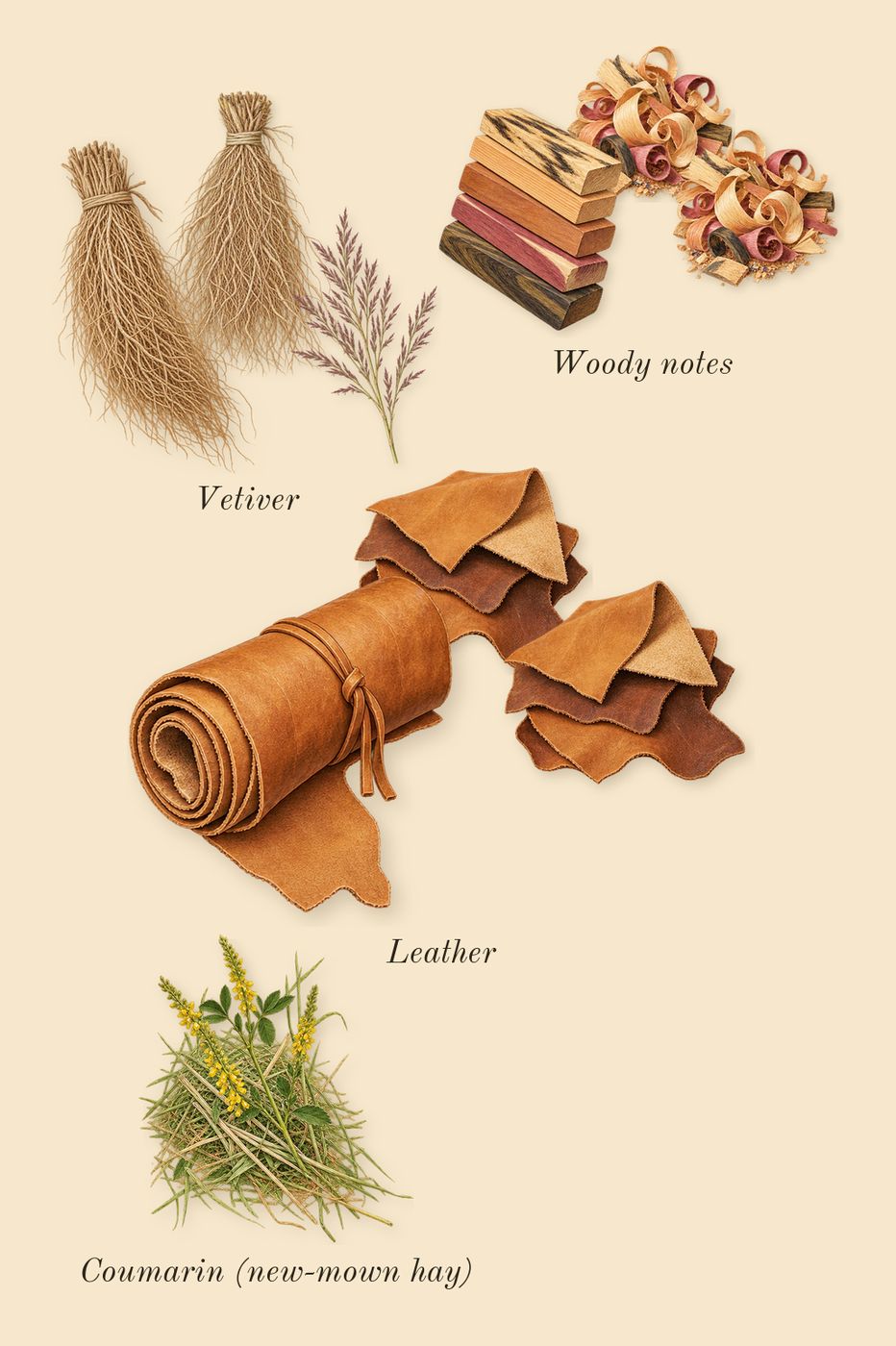 Forever Wanted, dry-down: Leather, Vetiver, Woody notes, Coumarin (new-mown hay)