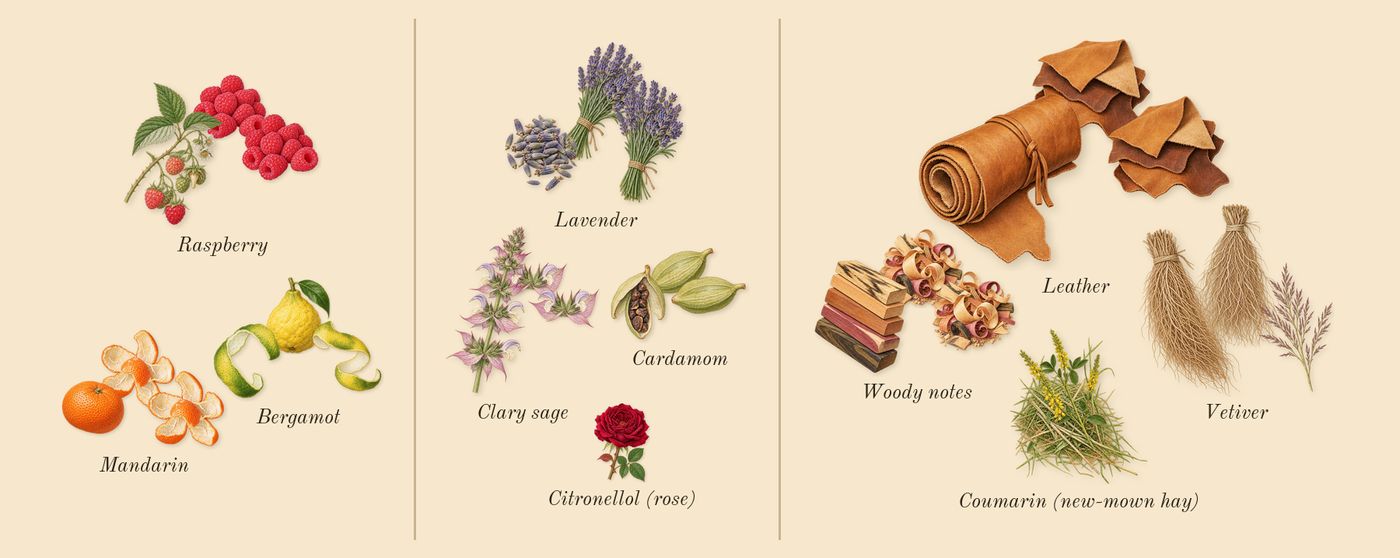 Forever Wanted’s scent picture, a draft: raspberry, mandarin, bergamot, clary sage, lavender, cardamom drawn so far; dashed outlines where nothing is drawn yet