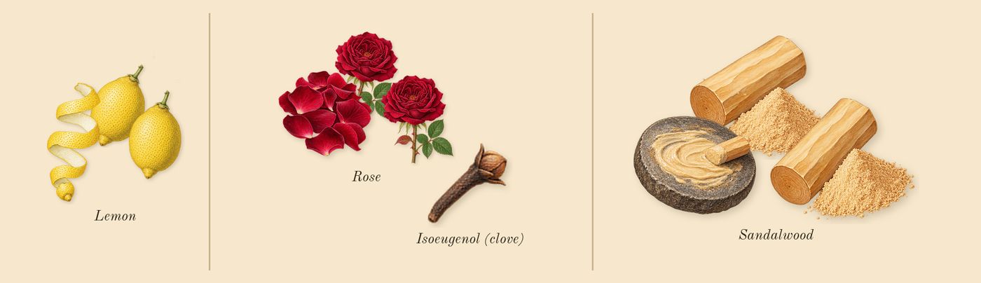 Pour Elle’s scent picture, a draft: lemon, rose, sandalwood, isoeugenol (clove) drawn so far; dashed outlines where nothing is drawn yet