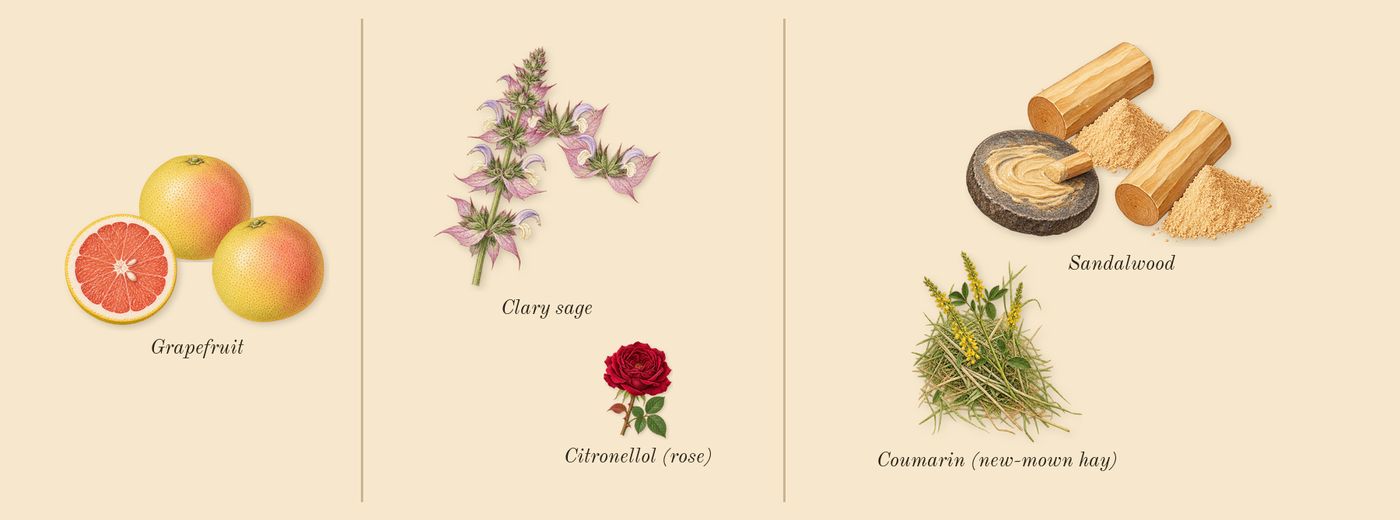 Sport’s scent picture, a draft: grapefruit, clary sage, sandalwood, coumarin (new-mown hay), citronellol (rose) drawn so far; dashed outlines where nothing is drawn yet