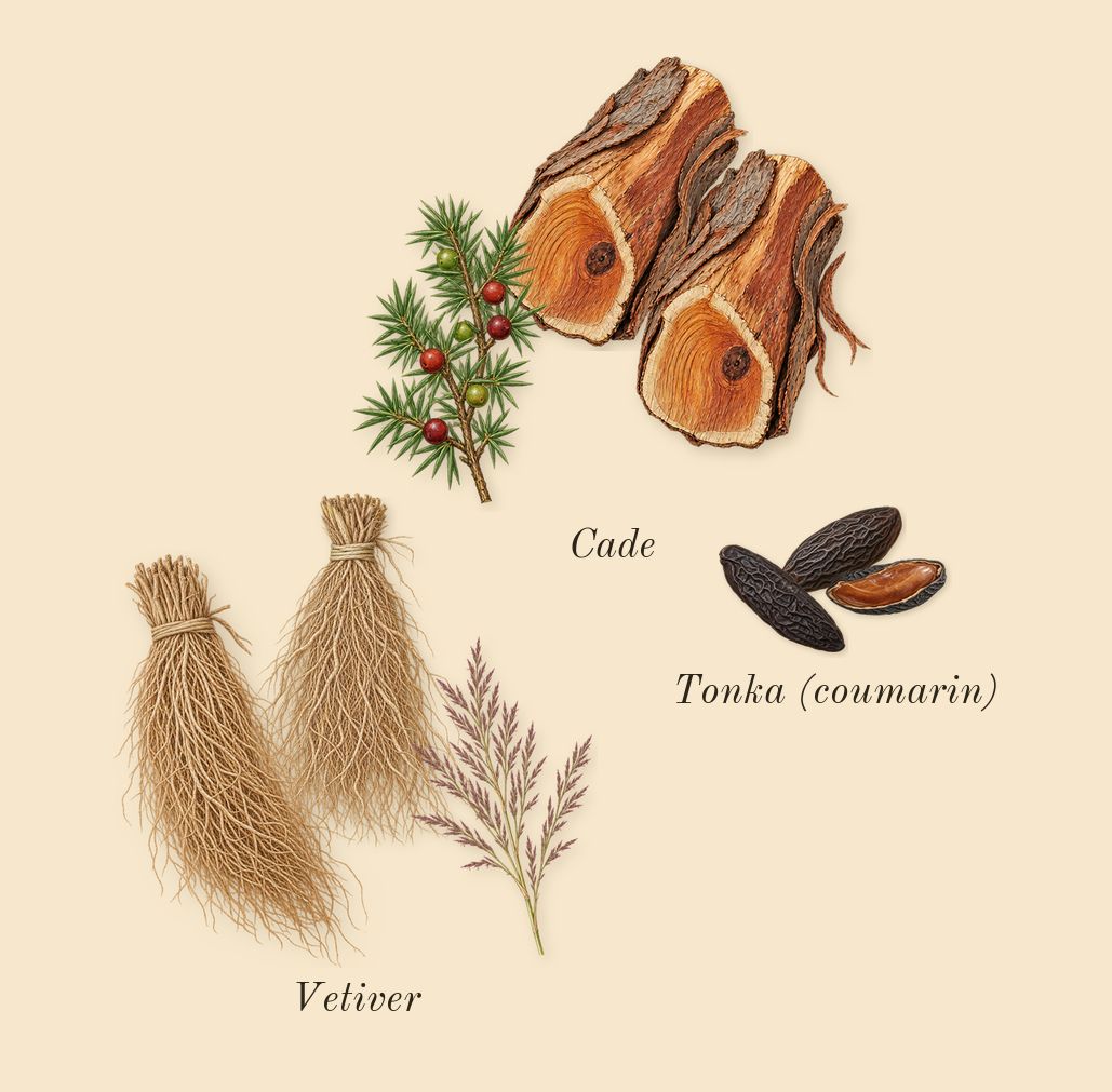 Wanted, dry-down: Vetiver, Cade, Tonka (coumarin)