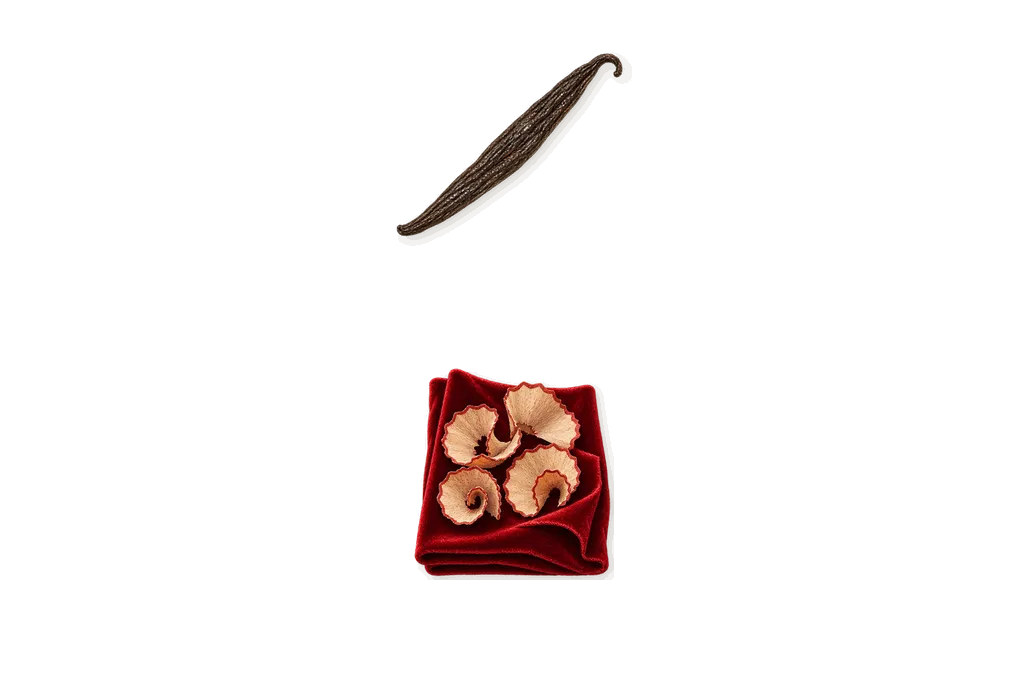 100%, what stays: Iso E Super (pencil shavings on velvet), Vanillin (vanilla)