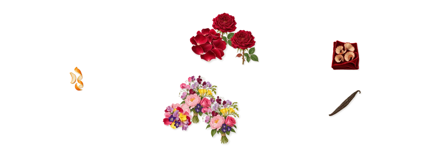 100%’s scent picture, a draft: magnified floral, rose, iso e super (pencil shavings on velvet), vanillin (vanilla), limonene (orange peel) drawn so far; dashed outlines where nothing is drawn yet