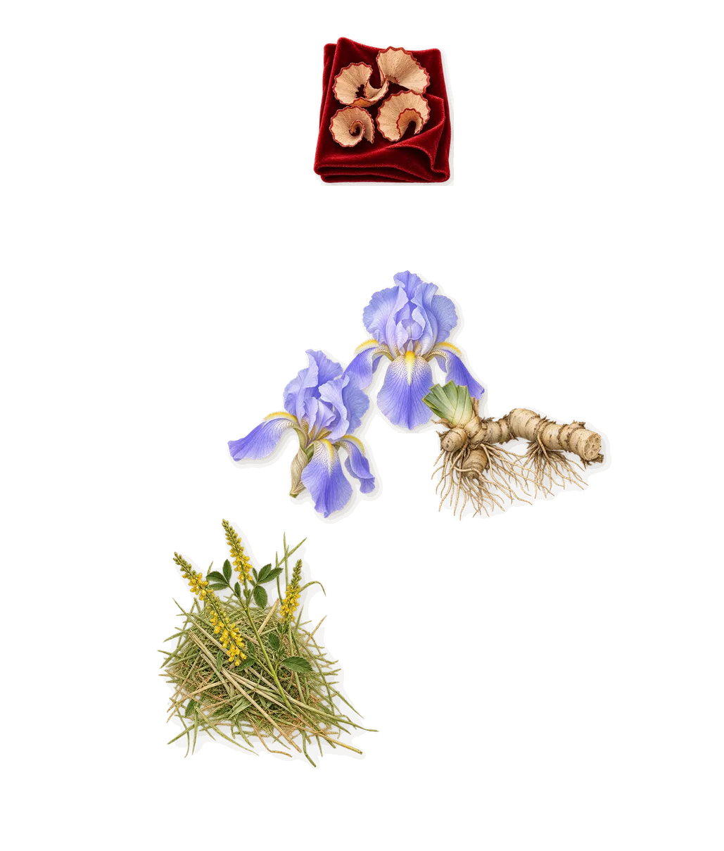 Le Dix, what stays: Iris, Iso E Super (pencil shavings on velvet), Coumarin (new-mown hay)