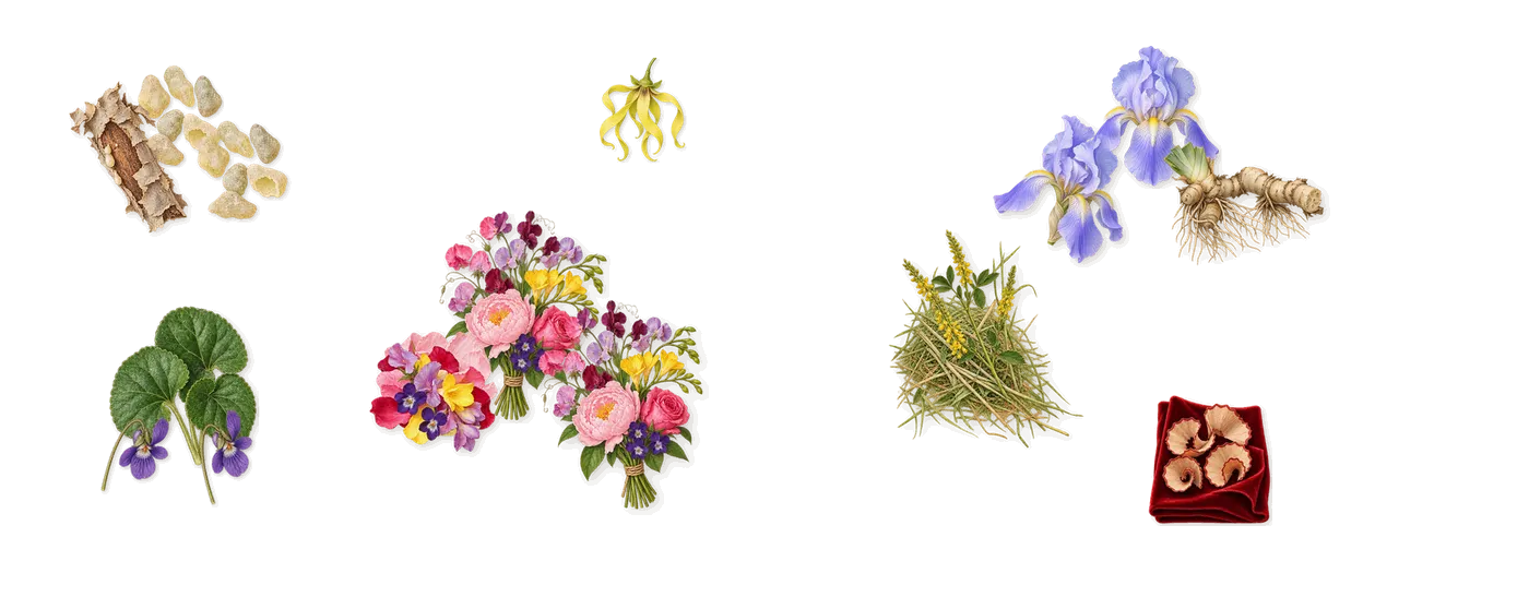 Le Dix’s scent picture, a draft: forgotten floral, iris, violet, frankincense, ylang-ylang, iso e super (pencil shavings on velvet) drawn so far; dashed outlines where nothing is drawn yet