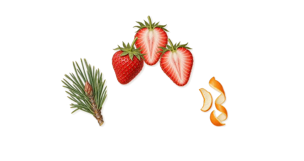 Destin de Balmain, when you spray it: Strawberry, Limonene (orange peel), Pinene (pine needles)