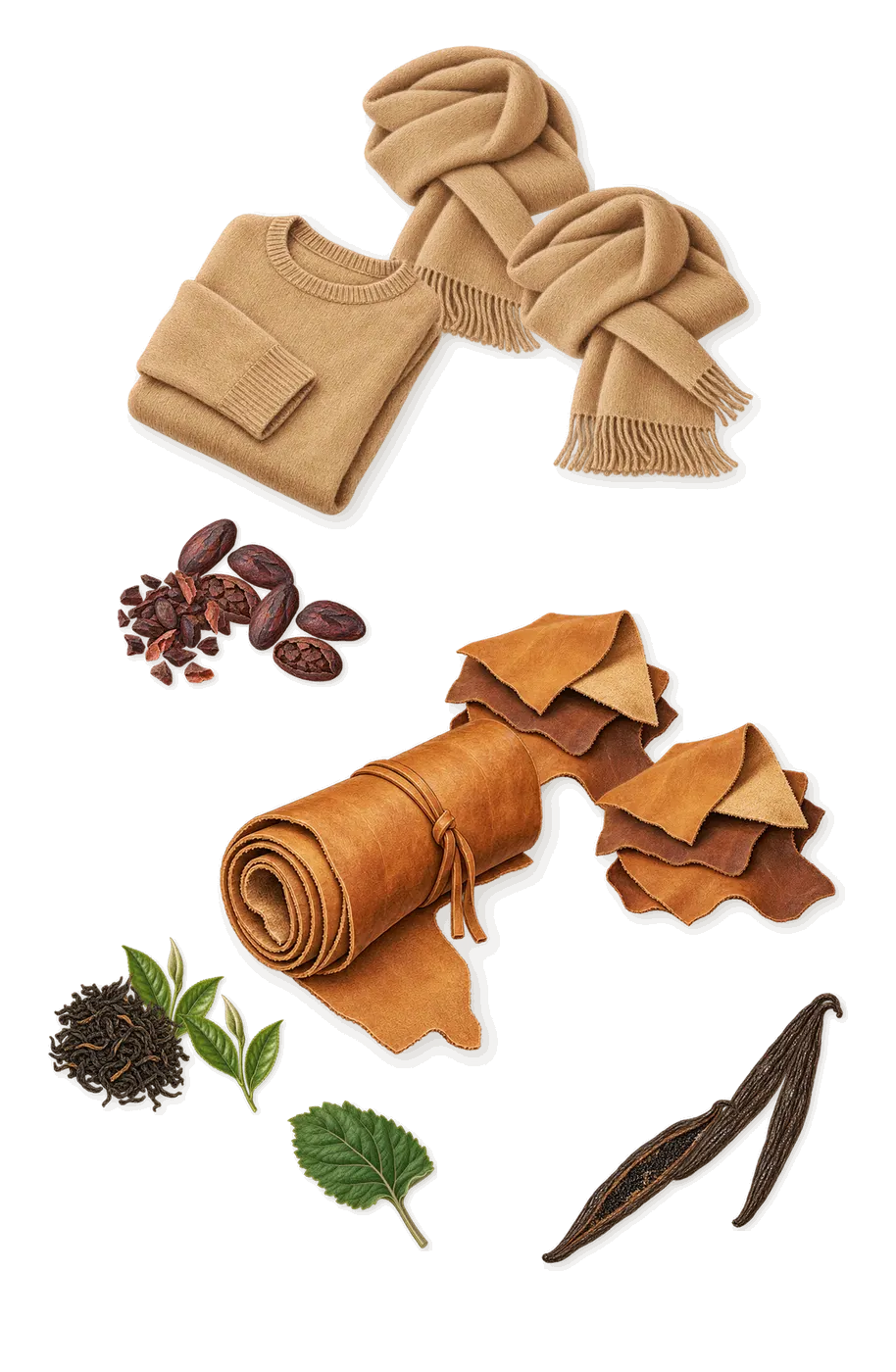 Chai, what stays: Tea, Cacao, Vanilla (vanillin), Musk, Leather, Patchouli