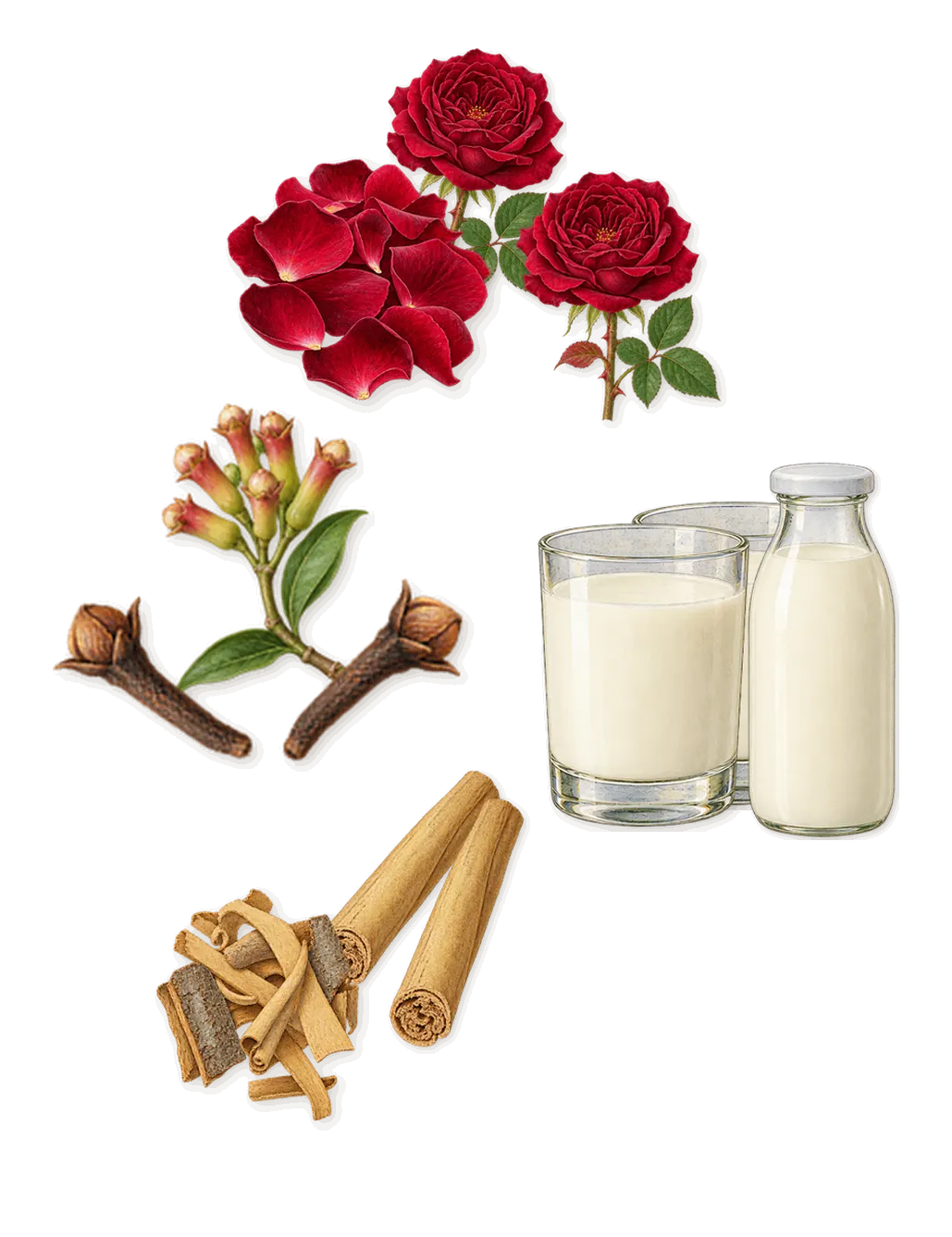 Chai, as it settles: Cinnamon, Clove, Steamed milk, Rose