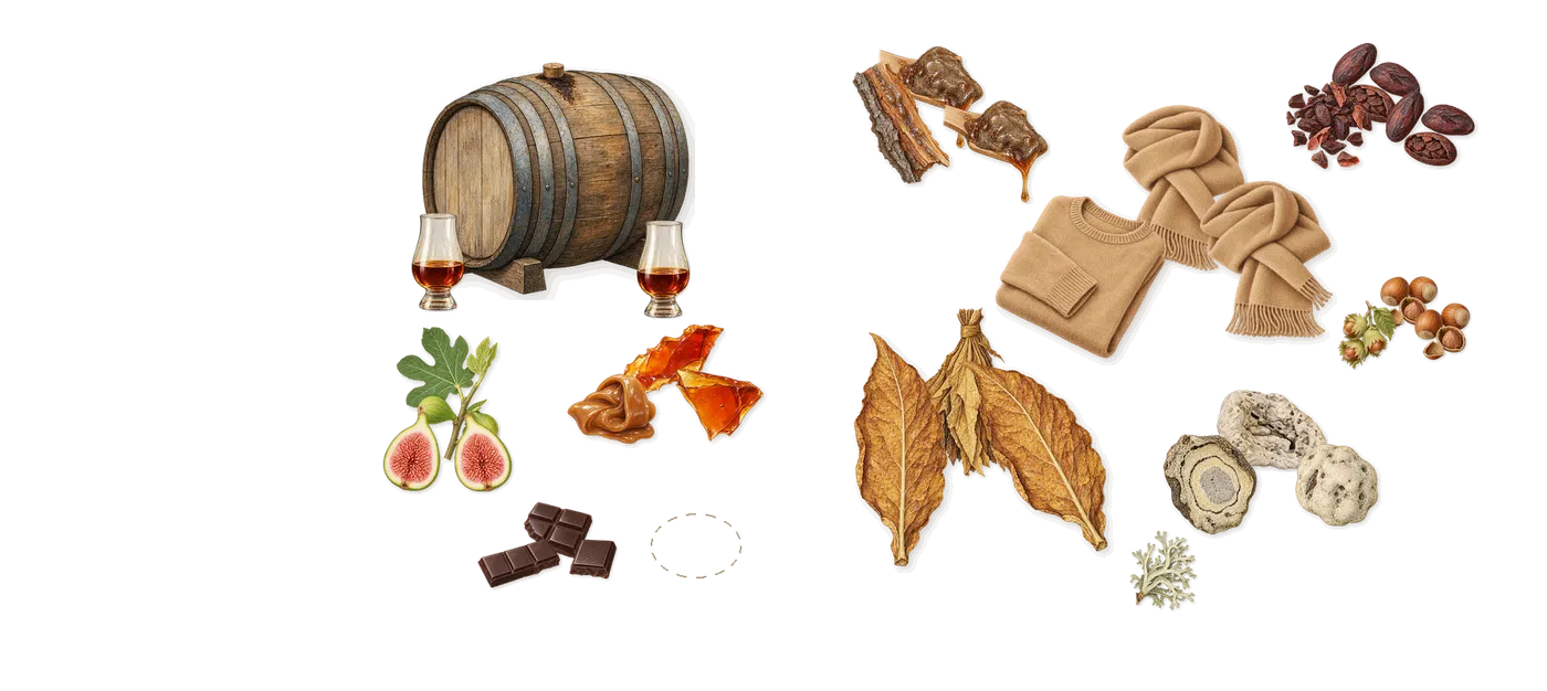 Perverso’s scent picture, a draft: rum, cacao, caramel fudge, fig, tobacco, styrax drawn so far; dashed outlines where nothing is drawn yet
