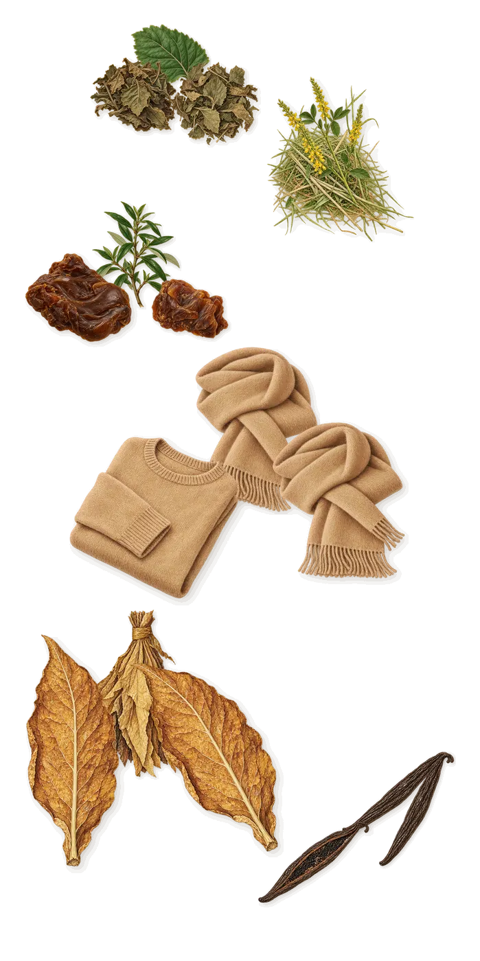 Tabac Rose, what stays: Tobacco, Patchouli, Labdanum, Musk, Vanilla, Coumarin (new-mown hay)