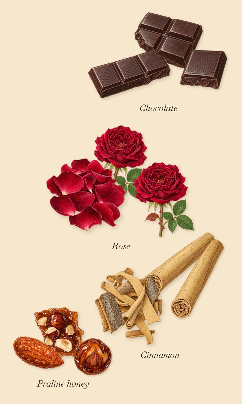 Tabac Rose, as it settles: Rose, Cinnamon, Chocolate, Praline honey