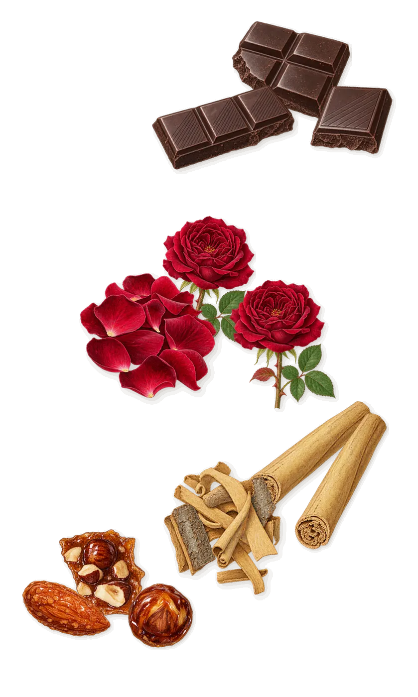 Tabac Rose, as it settles: Rose, Cinnamon, Chocolate, Praline honey
