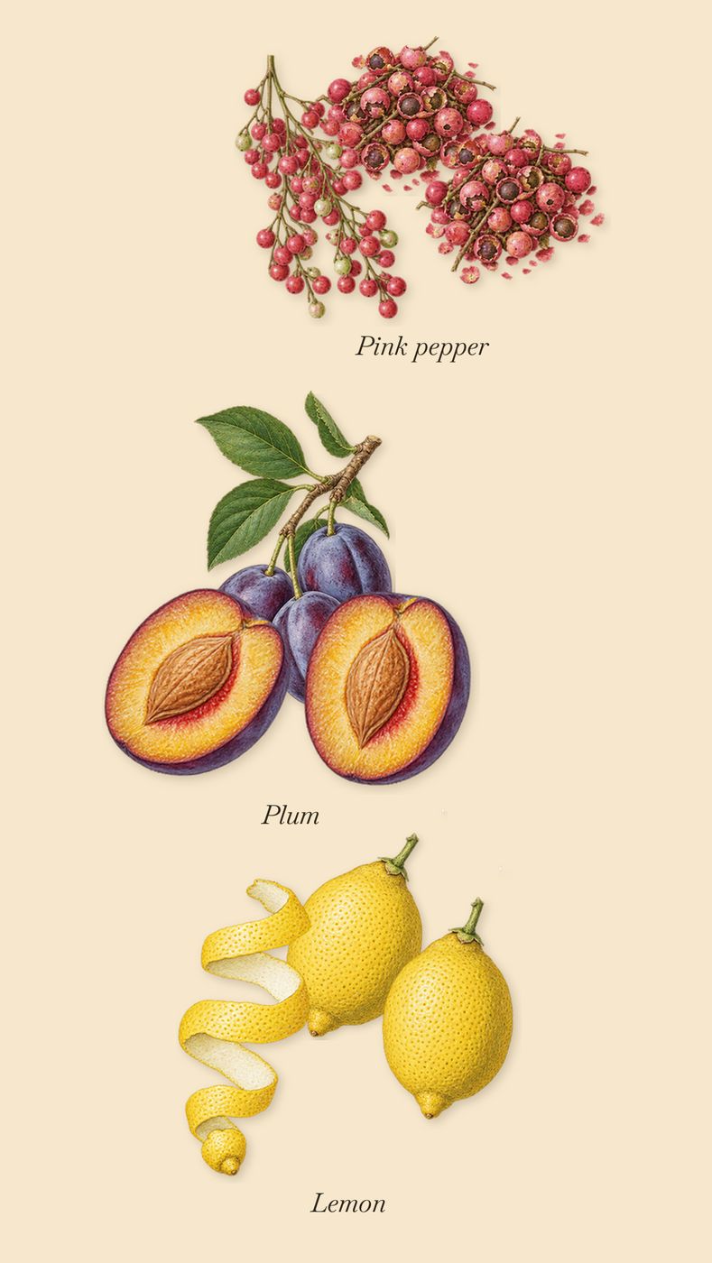 Tabac Rose, when you spray it: Pink pepper, Plum, Lemon