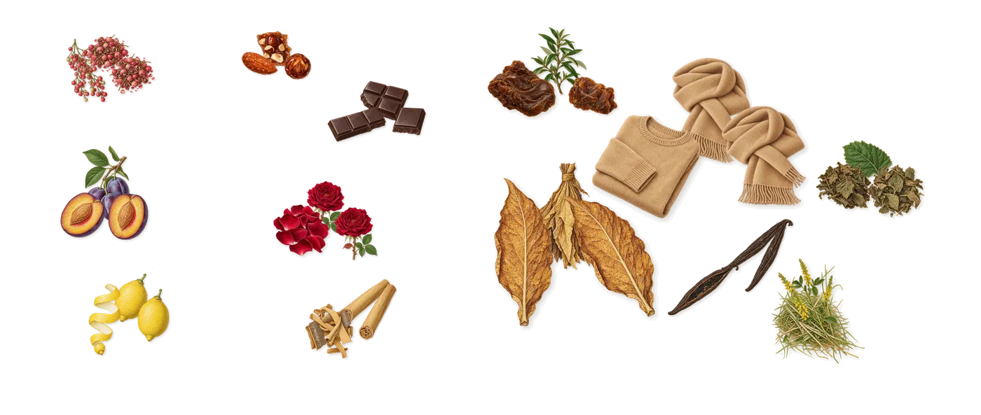 Tabac Rose’s scent picture, a draft: pink pepper, plum, lemon, rose, cinnamon, chocolate drawn so far; dashed outlines where nothing is drawn yet