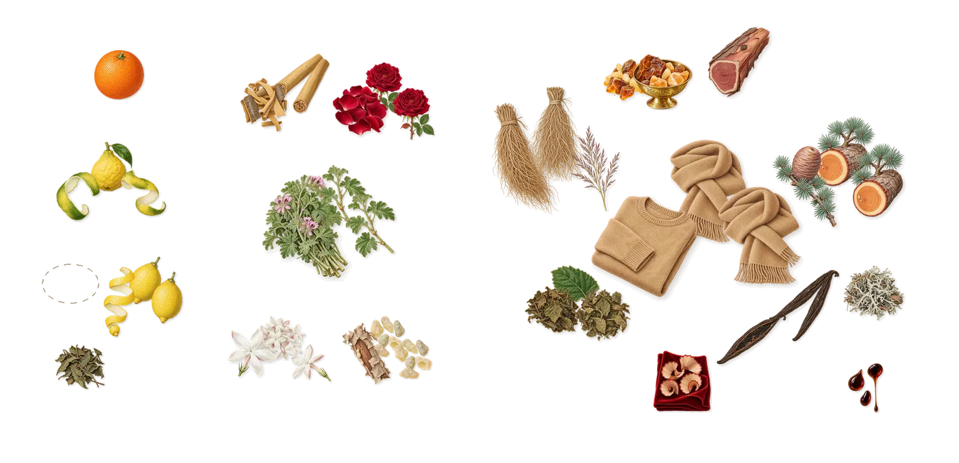 Acrasia’s scent picture, a draft: lemon, bergamot, cinnamon, frankincense, rose, geranium drawn so far; dashed outlines where nothing is drawn yet