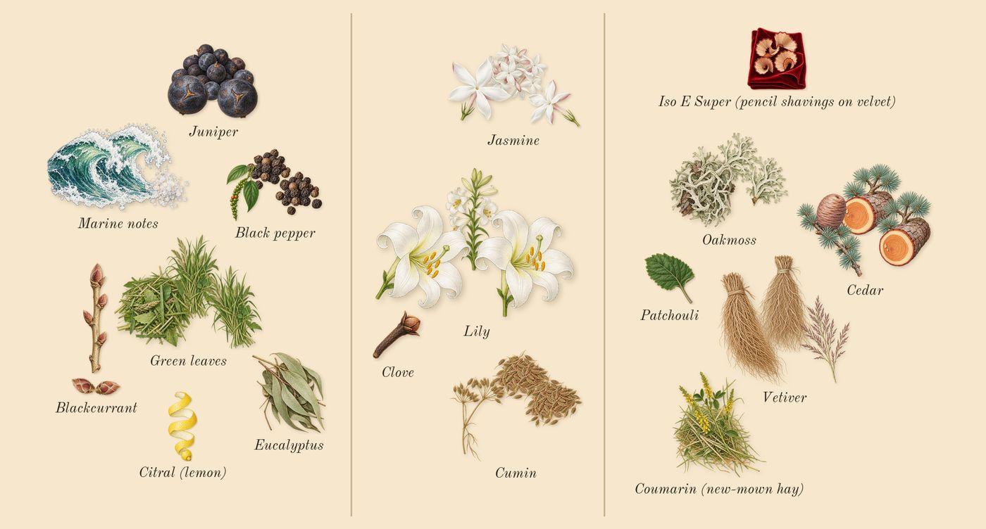 Fathom V’s scent picture, a draft: juniper, blackcurrant, green leaves, marine notes, lily, jasmine drawn so far; dashed outlines where nothing is drawn yet