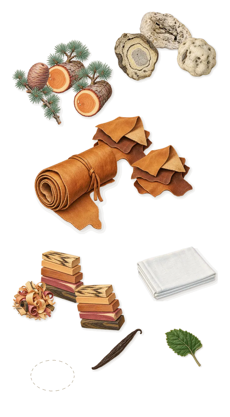 Sirenide, what stays: Ambergris, Cedar, Woody notes, Pinseal, Dark leather, Patchouli, Galaxolide (musk), Vanillin (vanilla)