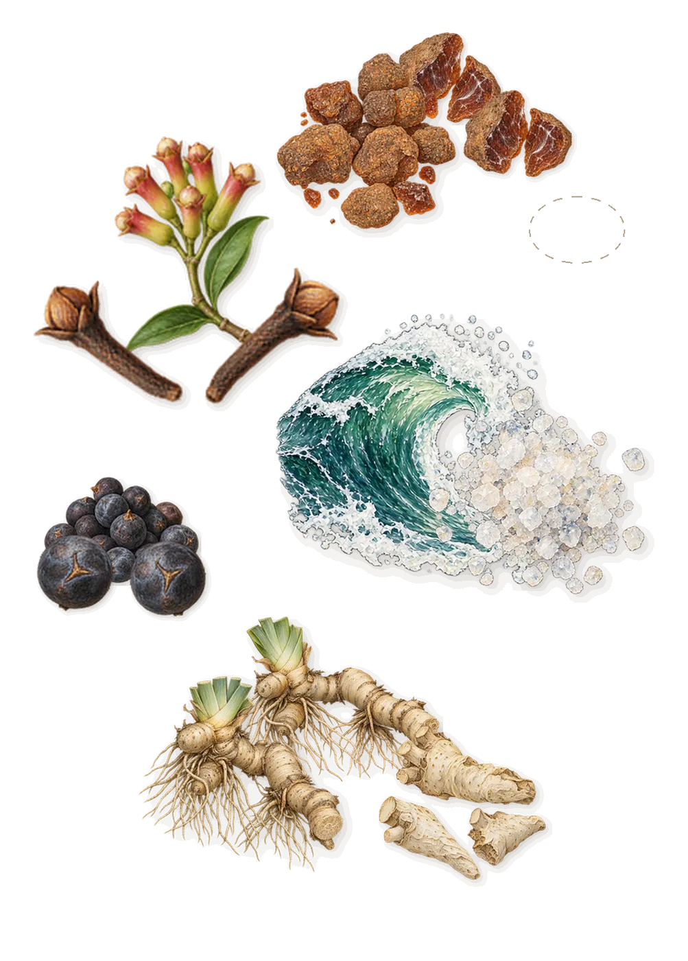 Sunken Tobacco, as it settles: Juniper, Clove, Iris, Myrrh, Damson, Marine notes