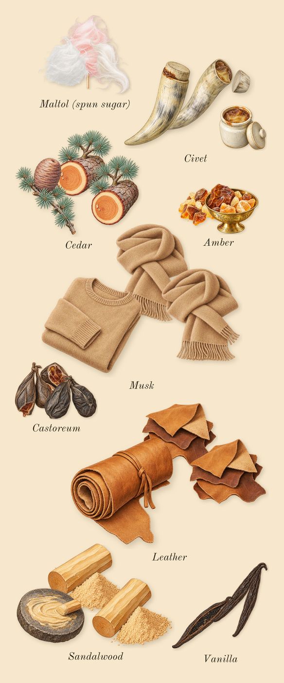 Beloved Woman, dry-down: Cedar, Sandalwood, Castoreum, Civet, Leather, Musk, Vanilla, Maltol (spun sugar), Amber