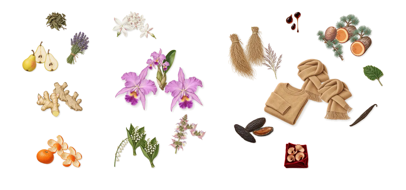 Cloudar’s scent picture, a draft: ginger, mandarin, pear, clary sage, jasmine, lily of the valley drawn so far; dashed outlines where nothing is drawn yet