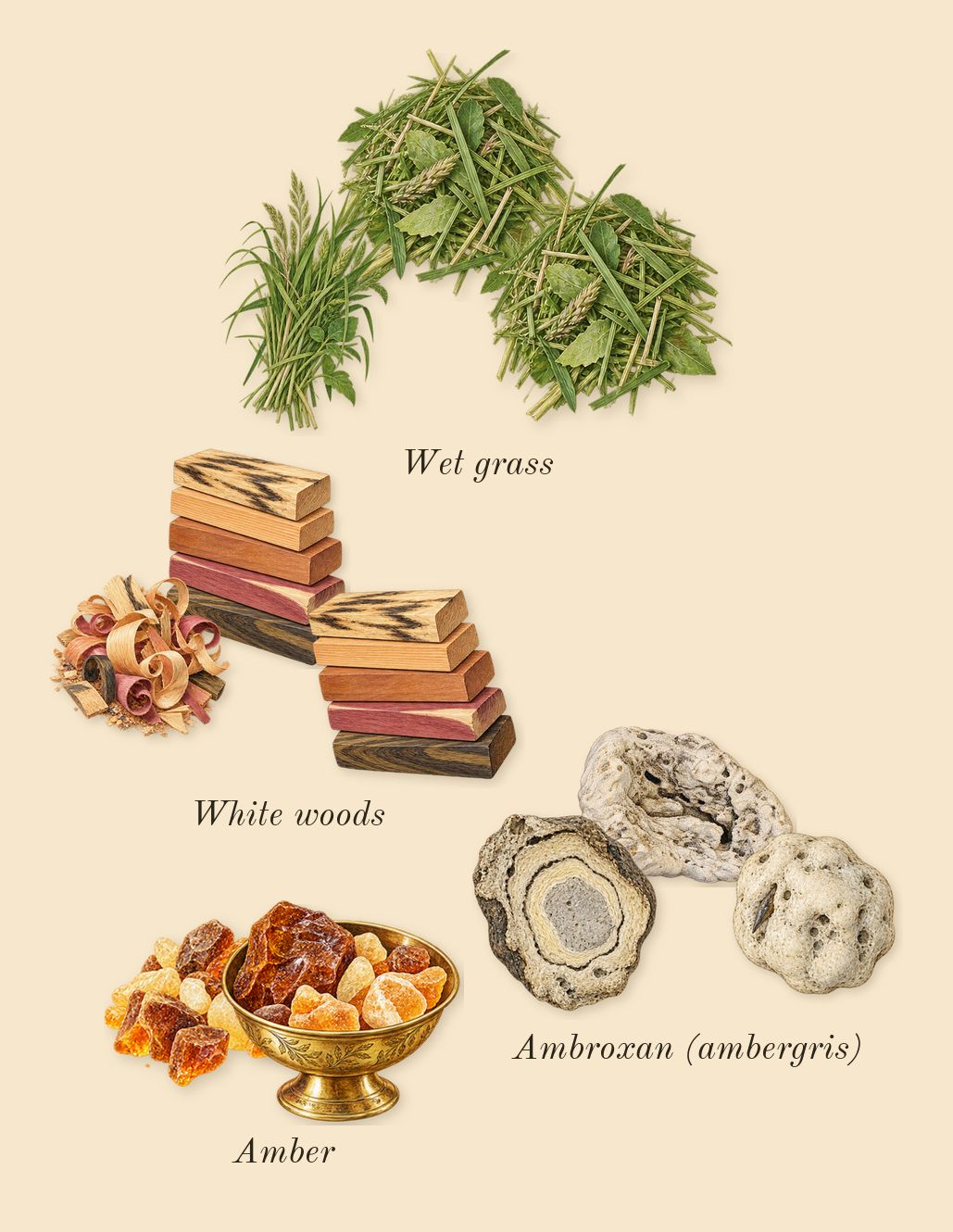Swimming Pool, dry-down: Ambroxan (ambergris), Wet grass, White woods, Amber