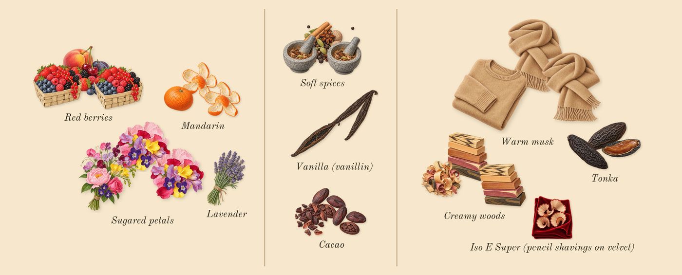 Eilish’s scent picture, a draft: red berries, mandarin, sugared petals, vanilla (vanillin), soft spices, cacao drawn so far; dashed outlines where nothing is drawn yet