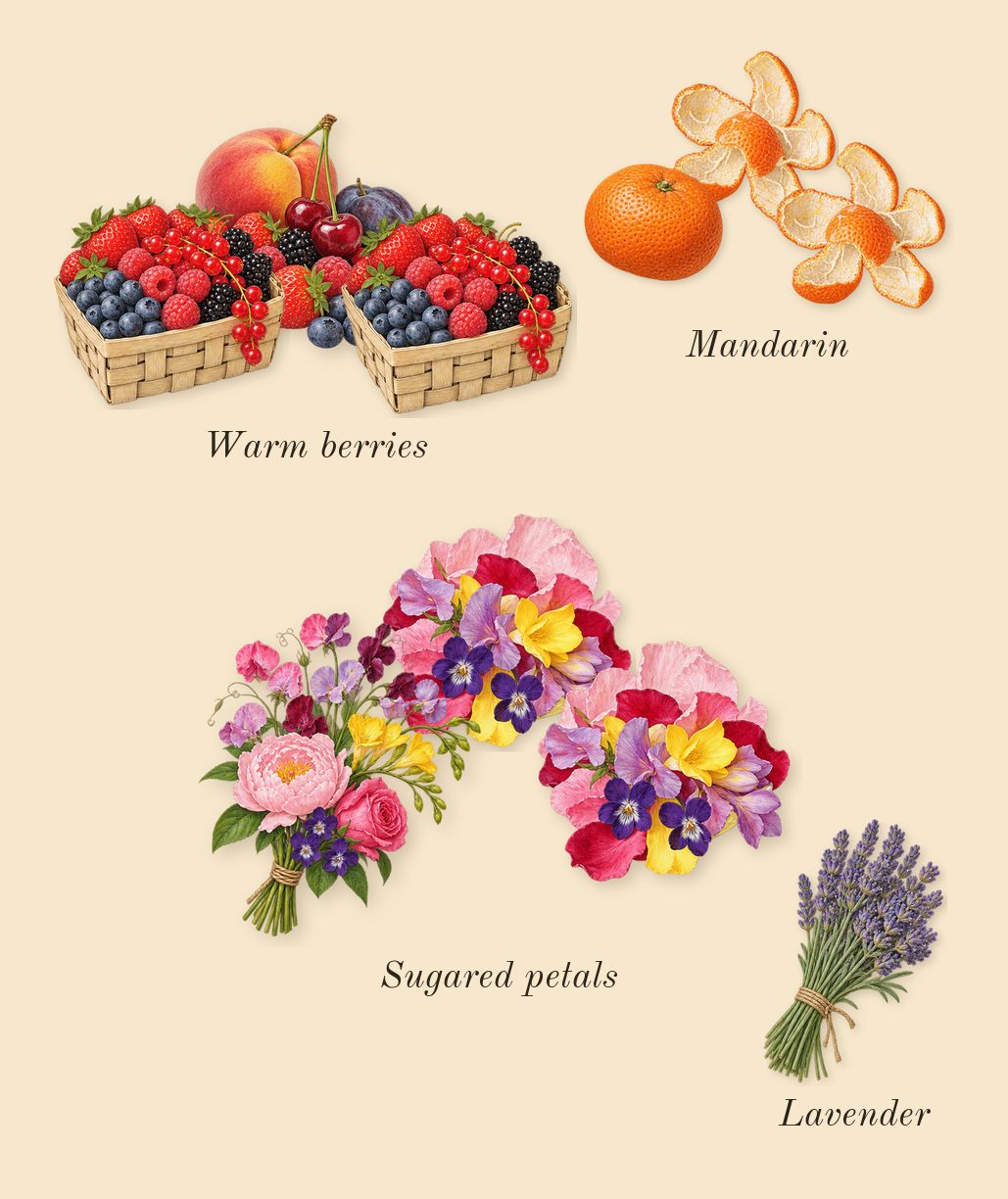 Eilish Intense, top notes: Sugared petals, Mandarin, Warm berries, Lavender