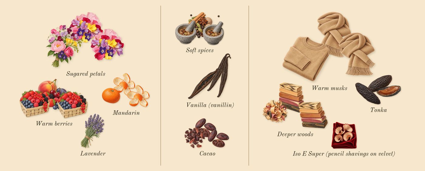 Eilish Intense’s scent picture, a draft: sugared petals, mandarin, warm berries, vanilla (vanillin), soft spices, cacao drawn so far; dashed outlines where nothing is drawn yet
