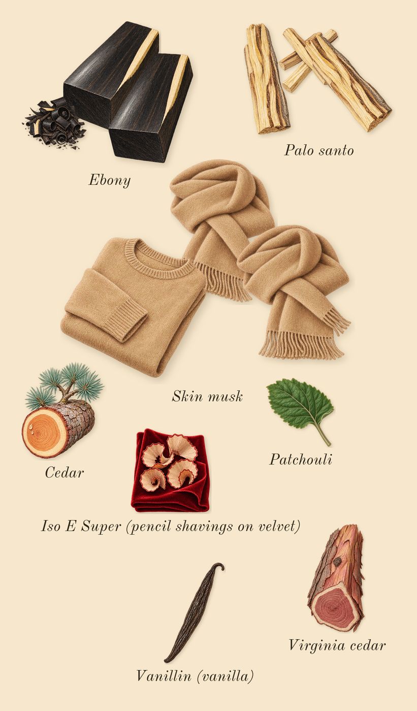 Eilish No. 2, dry-down: Palo santo, Ebony, Skin musk, Virginia cedar, Patchouli, Cedar, Iso E Super (pencil shavings on velvet), Vanillin (vanilla)