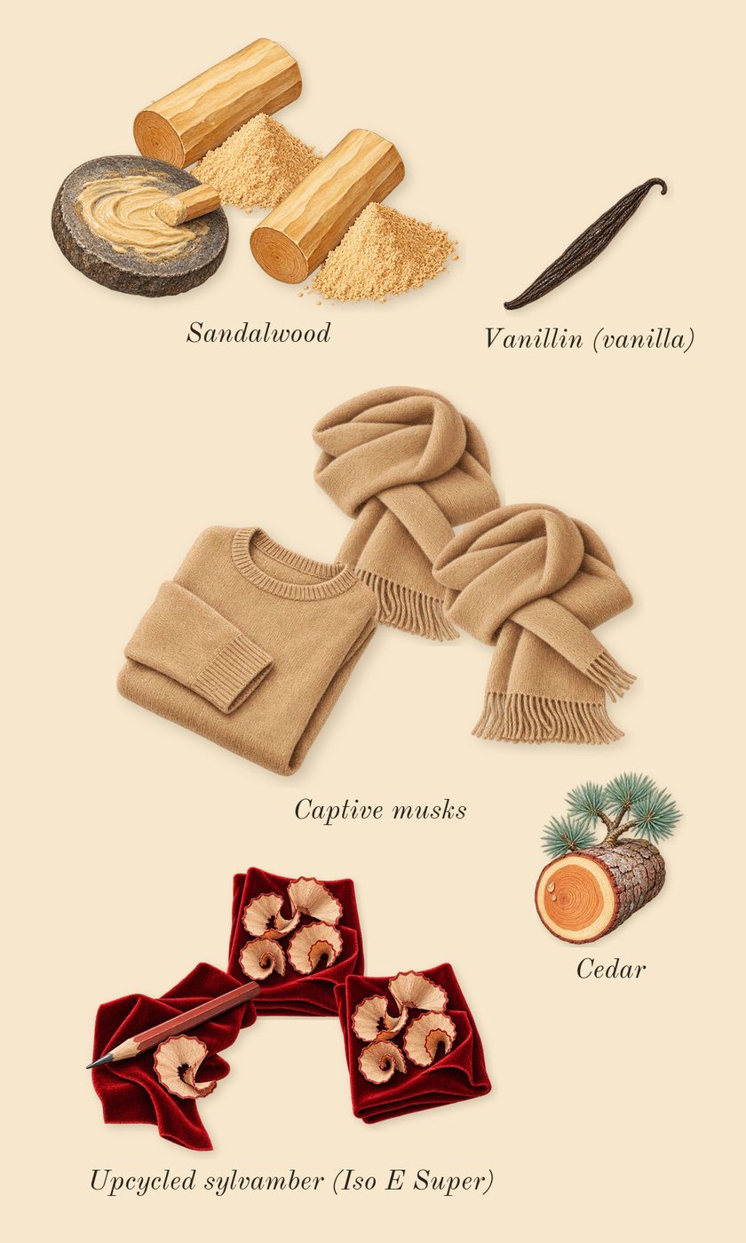 Your Turn, dry-down: Sandalwood, Captive musks, Upcycled sylvamber (Iso E Super), Cedar, Vanillin (vanilla)