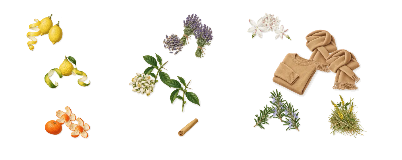 001 Cologne Première’s scent picture, a draft: bergamot, lemon, mandarin, petitgrain, lavender, musk drawn so far; dashed outlines where nothing is drawn yet