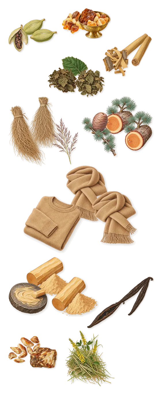 Drunk Lovers, what stays: Amber, Cedar, Sandalwood, Vanilla, Benzoin, Patchouli, Vetiver, Cardamom, Cinnamon, Musk, Coumarin (new-mown hay)