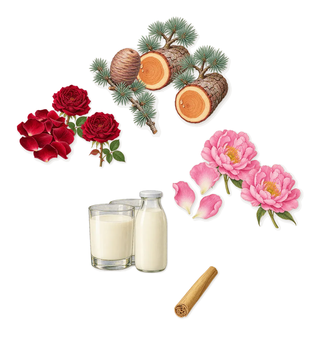 Fig Porn, as it settles: Cedar, Peony, Rose, Creamy milk, Cinnamal (cinnamon)