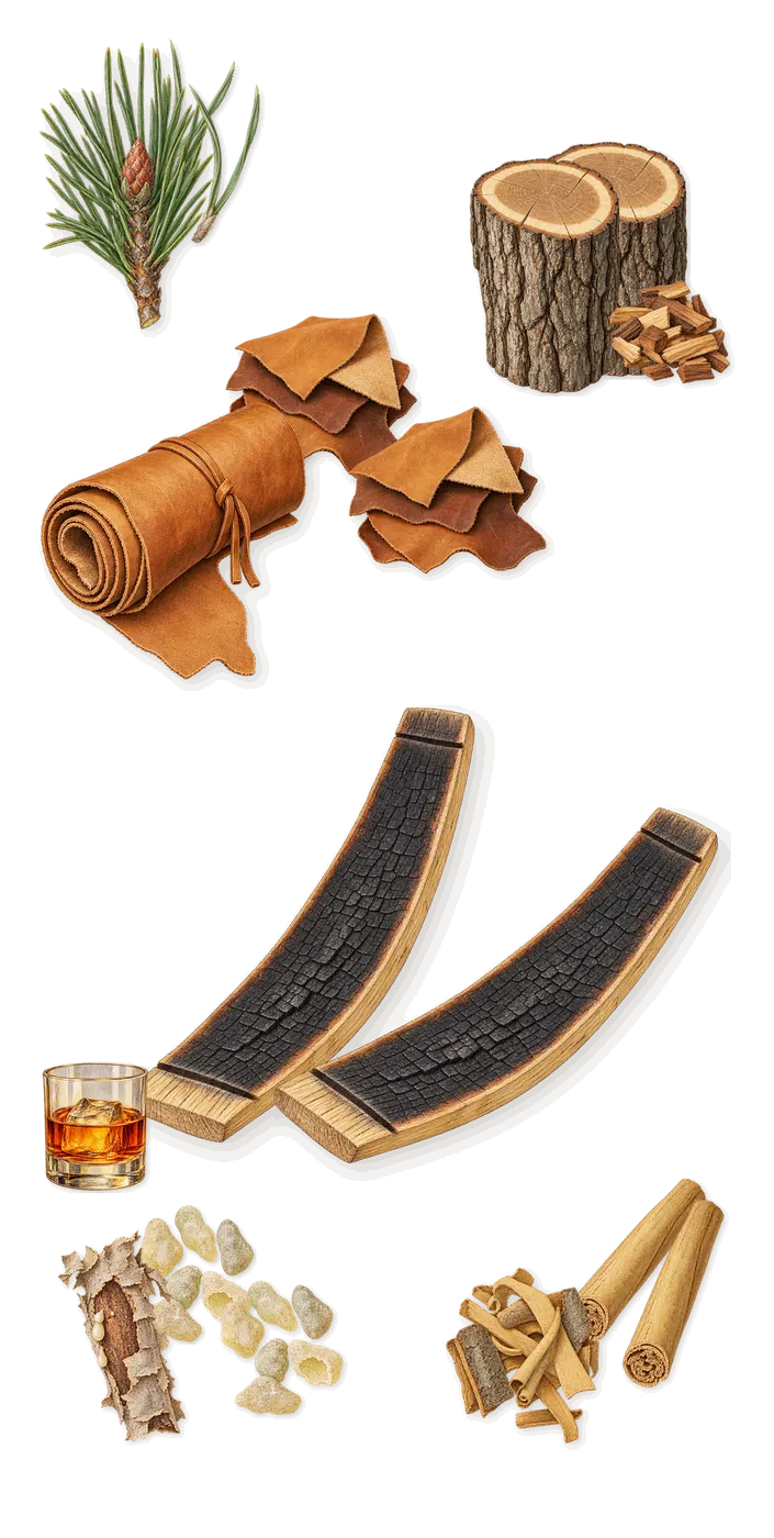 Smokin' Gun, as it settles: Frankincense, Leather, Cinnamon, Oak, Peated whisky, Pine
