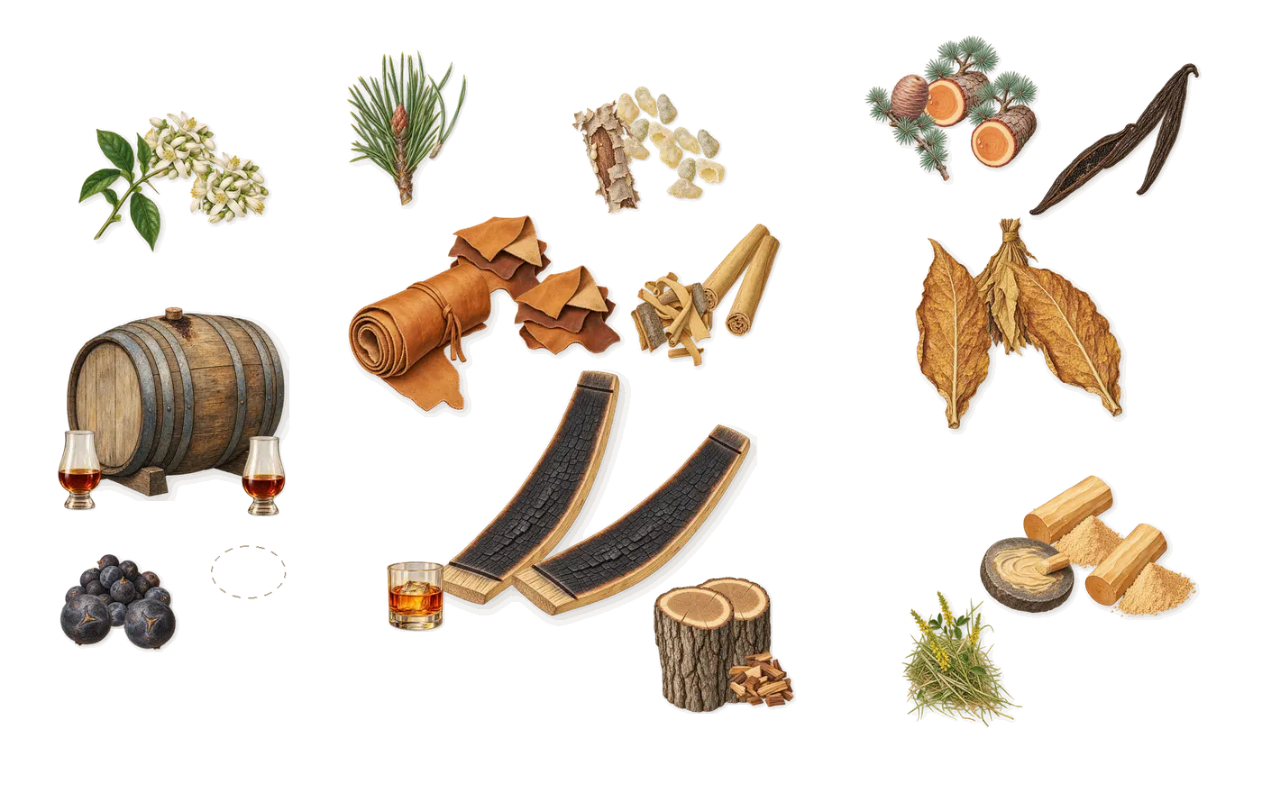 Smokin' Gun’s scent picture, a draft: rum, bitter orange, juniper, frankincense, leather, cinnamon drawn so far; dashed outlines where nothing is drawn yet