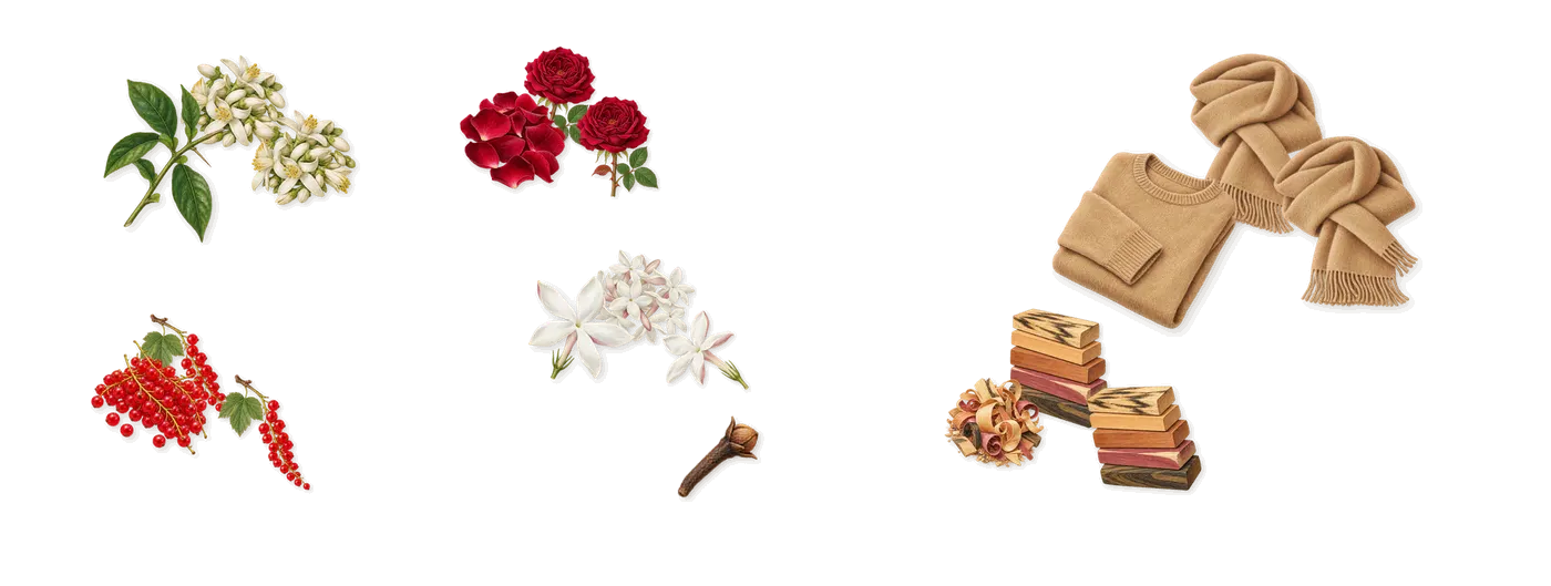 Quatre’s scent picture, a draft: bitter orange, redcurrant, rose, jasmine, woody notes, musk drawn so far; dashed outlines where nothing is drawn yet