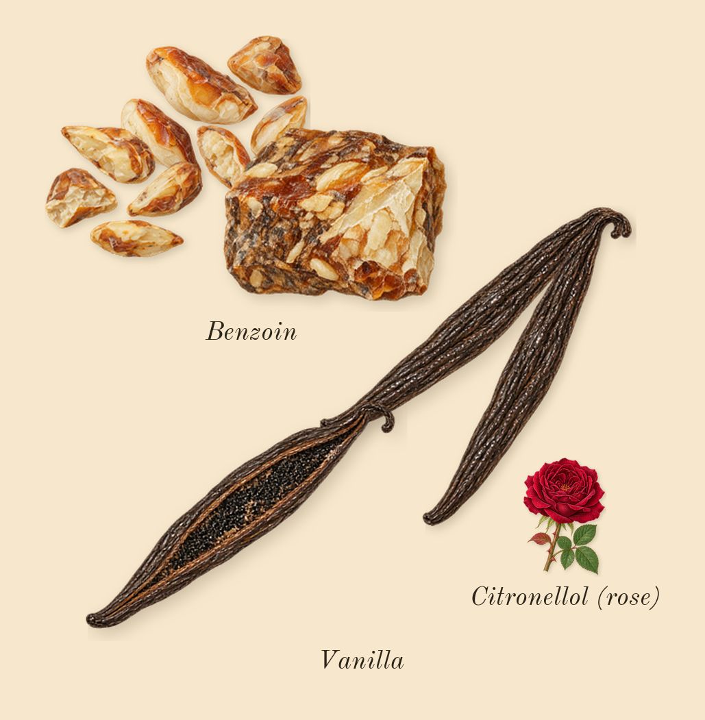 Boundless, heart: Vanilla, Benzoin, Citronellol (rose)
