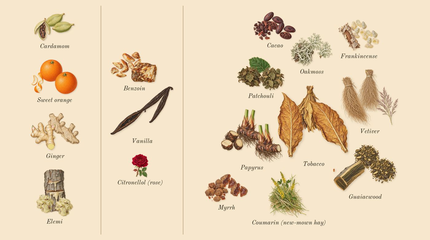 Boundless’s scent picture, a draft: sweet orange, cardamom, ginger, elemi, vanilla, benzoin drawn so far; dashed outlines where nothing is drawn yet