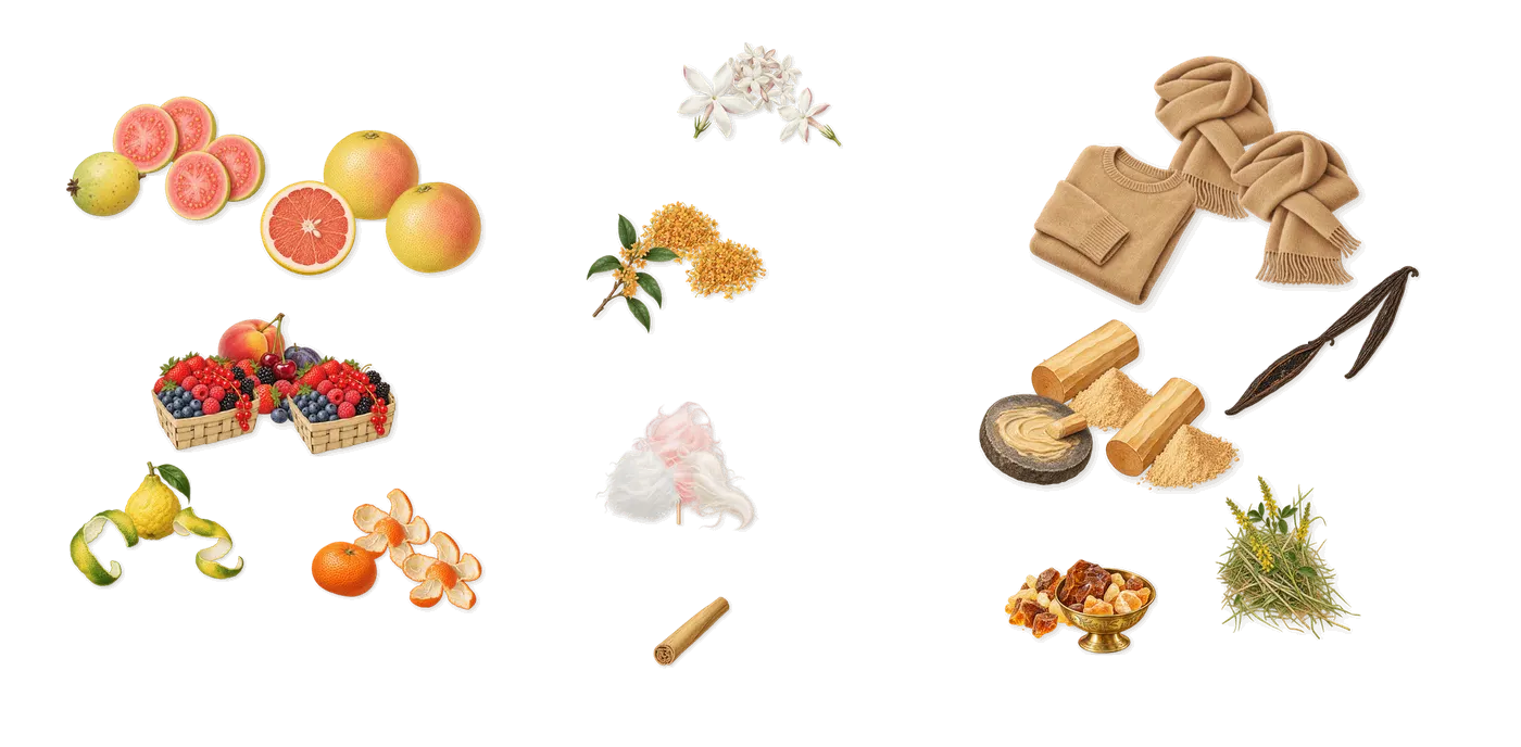 Guava Sorbet’s scent picture, a draft: guava, fruity notes, bergamot, mandarin, grapefruit, sugar crystals drawn so far; dashed outlines where nothing is drawn yet