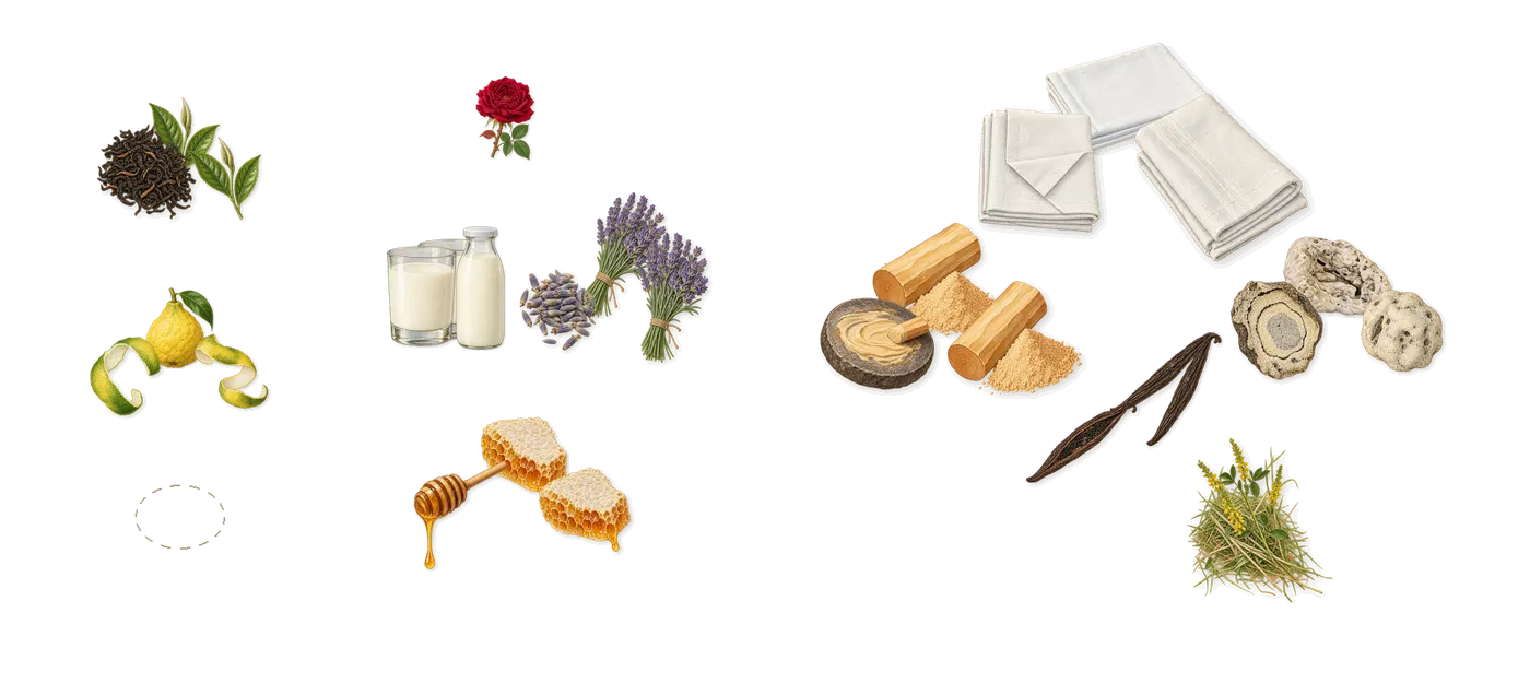 Porcelain Fog’s scent picture, a draft: bergamot, tea, steamed milk, lavender, whipped honey, sandalwood drawn so far; dashed outlines where nothing is drawn yet