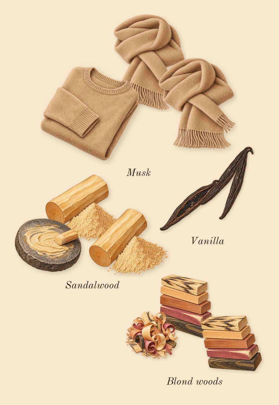 Curious, dry-down: Vanilla, Sandalwood, Blond woods, Musk