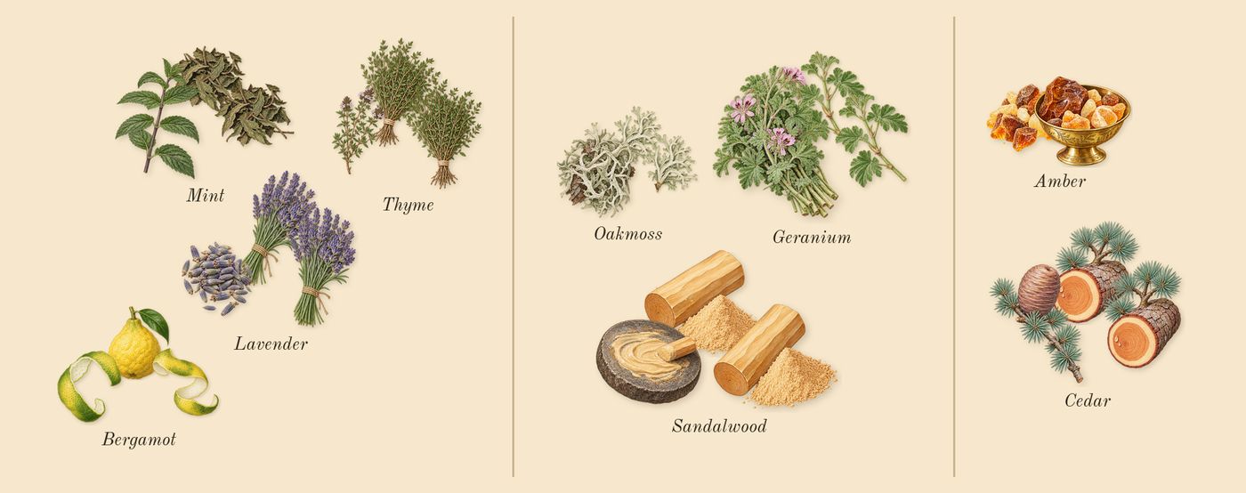 for Men’s scent picture, a draft: bergamot, lavender, mint, thyme, oakmoss, geranium drawn so far; dashed outlines where nothing is drawn yet