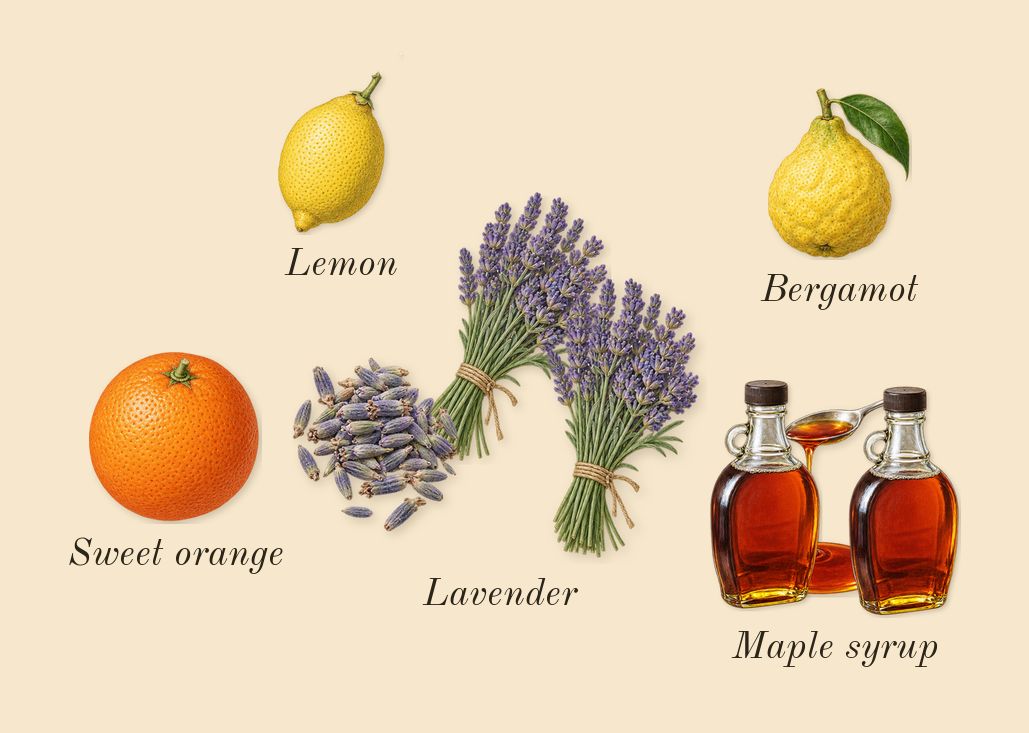 Goddess Amber Vanilla Intense, top notes: Lavender, Maple syrup, Bergamot, Sweet orange, Lemon