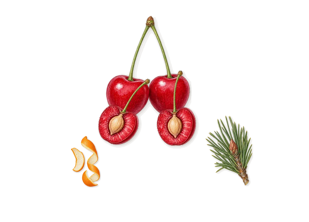 Her, when you spray it: Cherry, Limonene (orange peel), Pinene (pine needles)