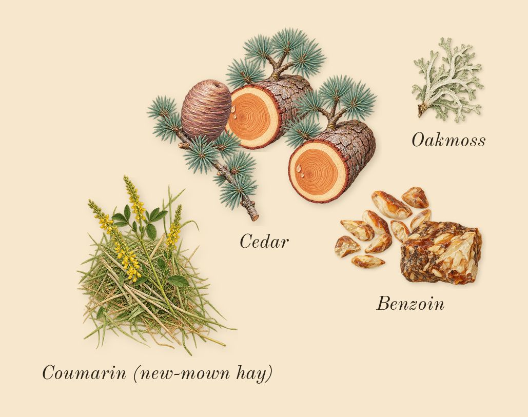 Hero, dry-down: Benzoin, Cedar, Oakmoss, Coumarin (new-mown hay)