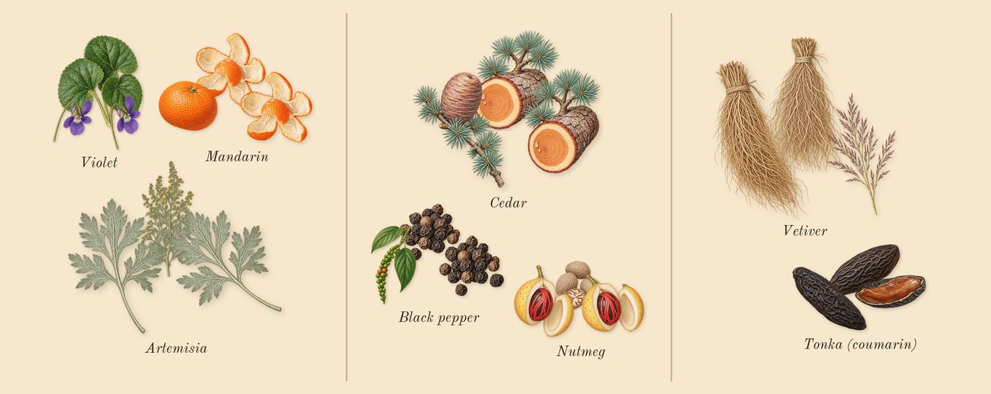 Touch for Men’s scent picture, a draft: artemisia, mandarin, violet, nutmeg, cedar, black pepper drawn so far; dashed outlines where nothing is drawn yet