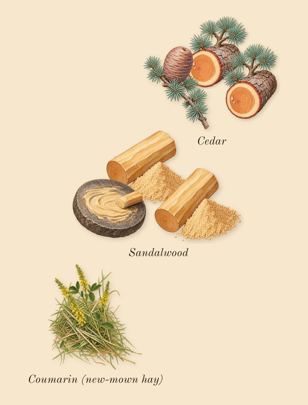 Weekend, dry-down: Cedar, Sandalwood, Coumarin (new-mown hay)