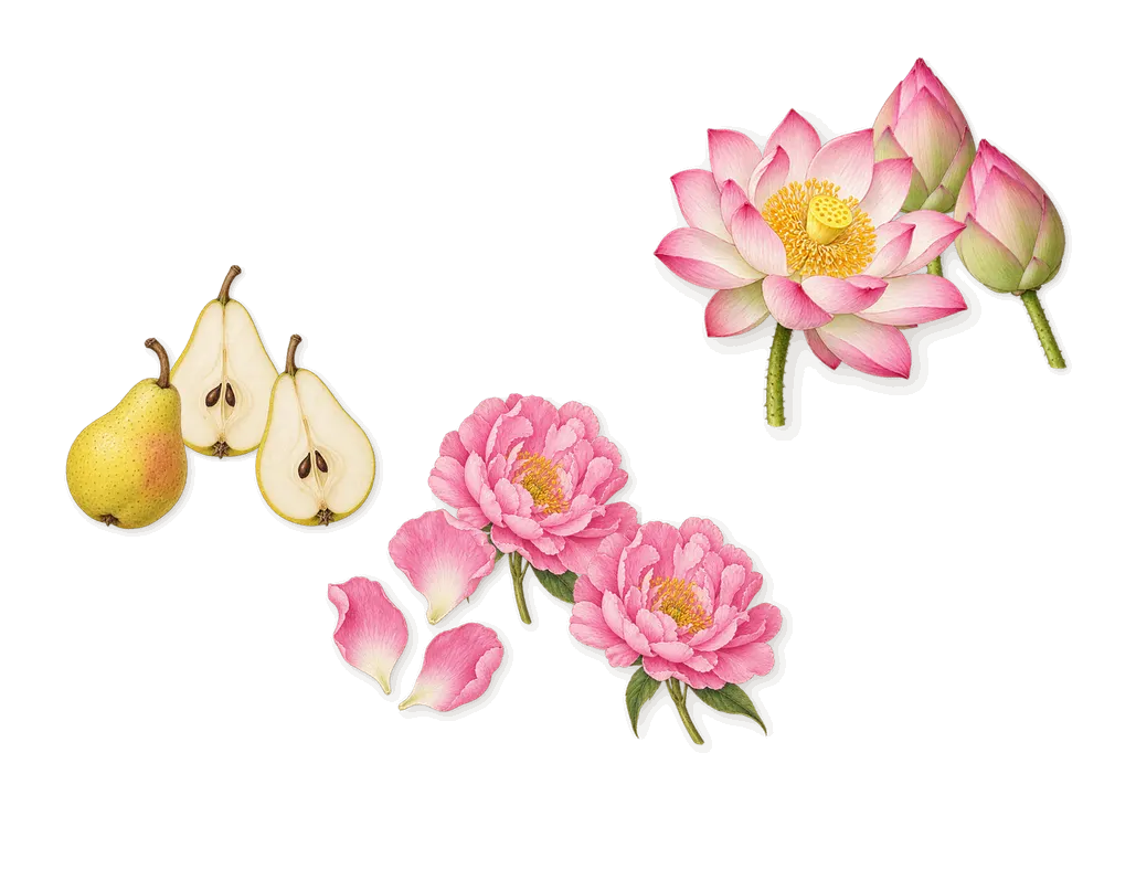 Omnia Crystalline, as it settles: Lotus, Peony, Pear