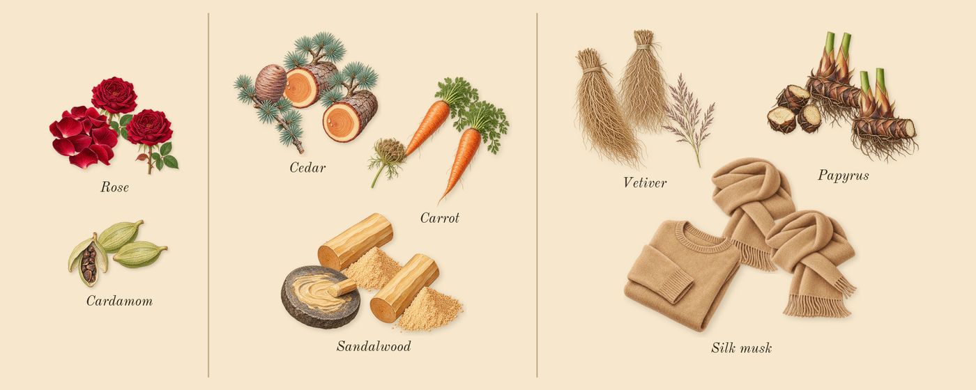 Desert Dawn’s scent picture, a draft: cardamom, rose, carrot, cedar, sandalwood, papyrus drawn so far; dashed outlines where nothing is drawn yet